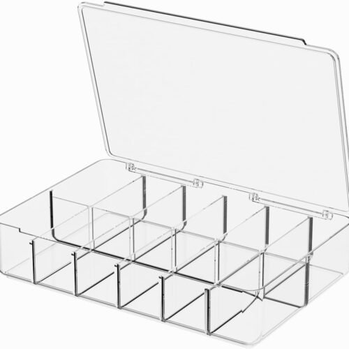 Clear Acrylic Makeup Organizer with Cover - 12 Compartments Cosmetic and Jewelry Organizer for Vanity and Desk Storage