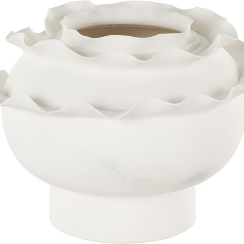Ceramic Abstract Wide Rounded Floral  Vase with Layered Petals, 12" x 12" x 9", White