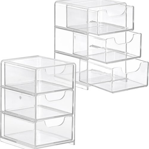 2 Packs Acrylic Desk Organizer with 3 Drawers Small Display Organizer for Makeup Cotton Swabs Jewelry Clear Qtip Storage Box for Living Room Bathroom Office