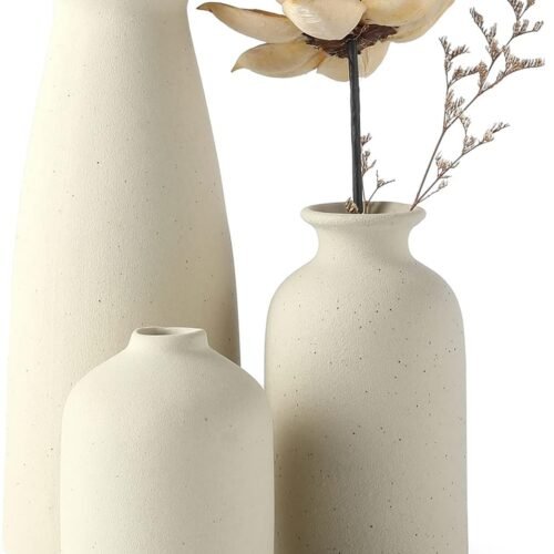 Beige Ceramic vase Set-3 Small Flower vases for Decor,Modern  Farmhouse Home Decor,Decorative vase for Pampas Grass&Dried Flowers,idea Shelf,Table,Bookshelf ，Entryway- Distressed