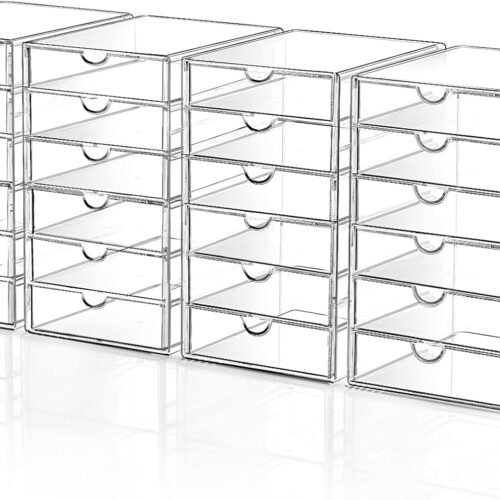 Makeup Drawer Storage Organizer with 24 Drawers, 4 Set Acrylic Office Desk Organization and Storage, Dustproof Drawer Organizer for Makeup, Office, Countertop, Jewelry, Pen, Desktop, Bathroom, Bedroom