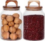Canister Set of 2, Glass Kitchen Canisters with Airtight Acacia Lid, Tall Clear Airtight Food Storage Jar, Kitchen Pantry Storage Container for Noodles Flour Cereal Coffee