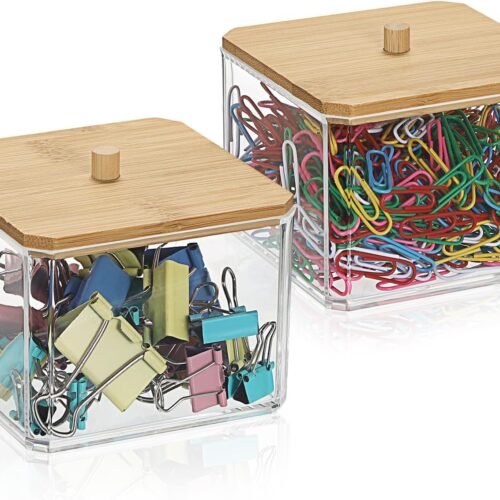 2 Packs Paperclip Holder with Lid Clear Binder Clip Dispenser Stackable Desk Storage Box Small Acrylic Desktop Organizer for Office Bathroom