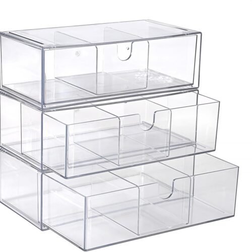 Acrylic Storage Drawers 3-Tier Stackable Bathroom Makeup Organizer Cotton Swabs Qtip Holder for Vanity Cosmetics Office Supplies Clear Desktop Organizer with Removable Dividers