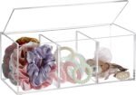 Acrylic Organizer with Lid Clear Jewelry Display Cushion Divided Bathroom Organizer Box Multi-purpose Desktop Organizers for Jewelry Cosmetic Candy Hair Accessories,Rectangle with 3 Compartment