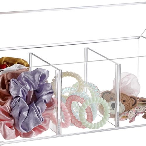 Acrylic Organizer with Lid Clear Jewelry Display Cushion Divided Bathroom Organizer Box Multi-purpose Desktop Organizers for Jewelry Cosmetic Candy Hair Accessories,Rectangle with 3 Compartment