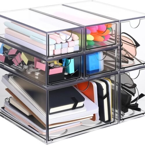 Desk Organizer with 7 Drawers, 7 Pack Acrylic Stackable Desktop Storage Drawers Makeup Organizer, Clear Craft Storage Box Cabinets for Office Vanity Countertop Bathroom Bedroom