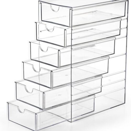 Plastic Drawer Organizer Clear Desktop Drawers Box with 6 Pull Out Drawer Compact Storage Box for Cabinet Vanity Bathroom Bedroom Pantry Shelf Office or Closet Organization