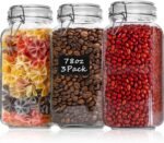 Airtight Glass Canister Set of 3 with Lids 78oz Food Storage Jar Square - Storage Container with Clear Preserving Seal Wire Clip Fastening for Kitchen Canning Flour, Cereal, Pasta, Sugar, Beans