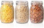 Airtight Glass jar with lid 37oz Set of 3, Glass Storage Containers with Lids, Glass Canisters, Striped Clip Fastening Jar for Kitchen Canning, Tea, Pasta, Sugar, Beans, Cookie, Jam, Oat