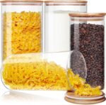 Large Glass Flour and Sugar Containers 180oz x2 & 93oz x2 [Set of 4], Glass Food Storage Containers with Bamboo Lids, Glass Jar with Airtight Lid for Spaghetti Pasta,Rice,Cereal,Coffee, Oat