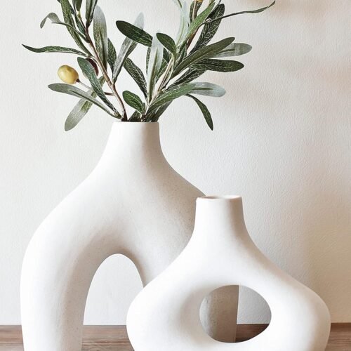 Donut Vase, Set of 2 - Minimalist Nordic, White Ceramic Hollow Donut Vase Decor | Table Centerpiece, Olive Plant, Wedding, Living Room, Bookshelf, Office, Modern Home, Entryway, Console