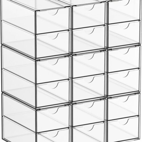 Yieach 9 Pack Small Acrylic Drawers With 18 Drawers,Clear Drawer Organizers Stackable,School,Office Supplies Organizer And Storage Bins for Stationery,Pen,Pencil,Craft,Glasses,Sunglass Organizer Cushion