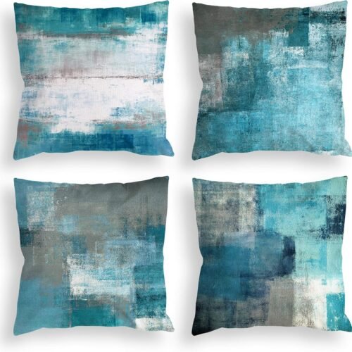 Blue-Green Abstract Art Decorative Throw Pillow Set (4-Piece)